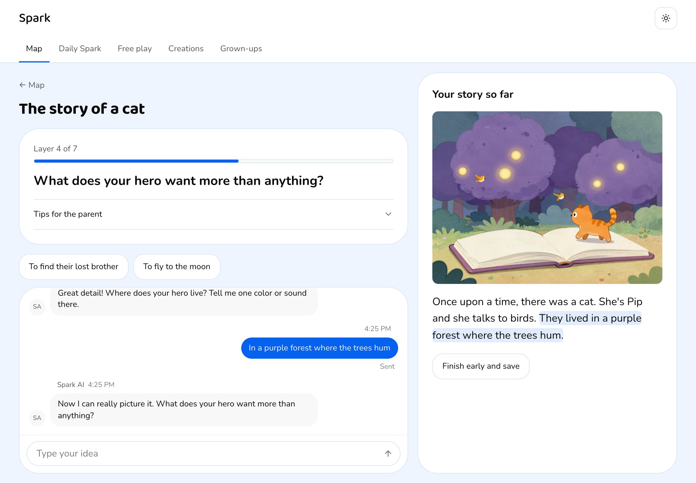 The studio on iPad: a chat with the AI guide on the left and the story so far, with its picture, on the right